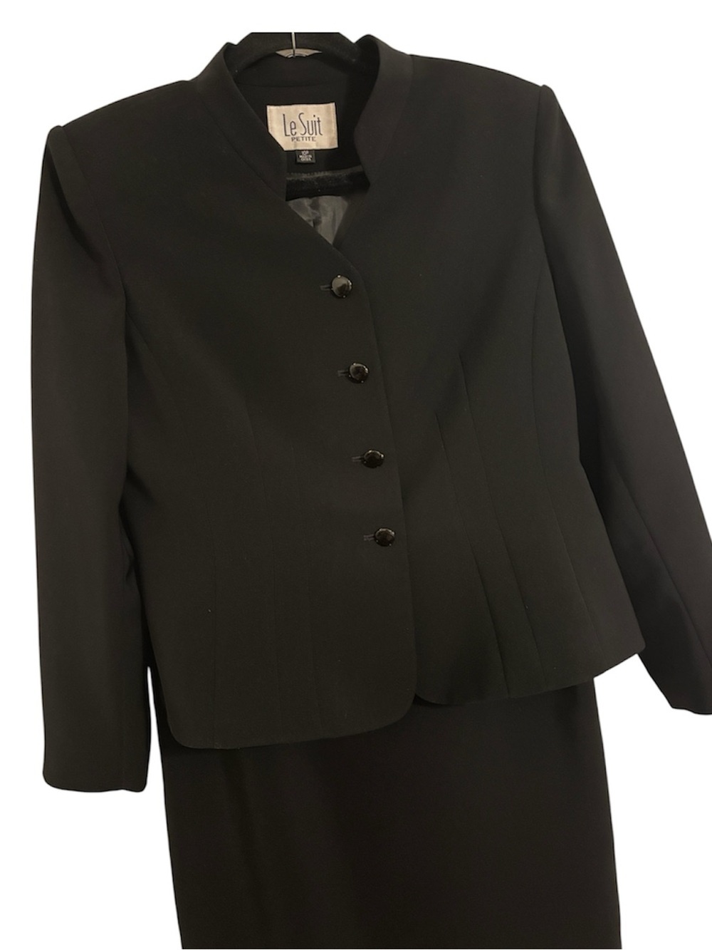 Le Suit Black Petite Notched Collar Blazer Skirt Suit